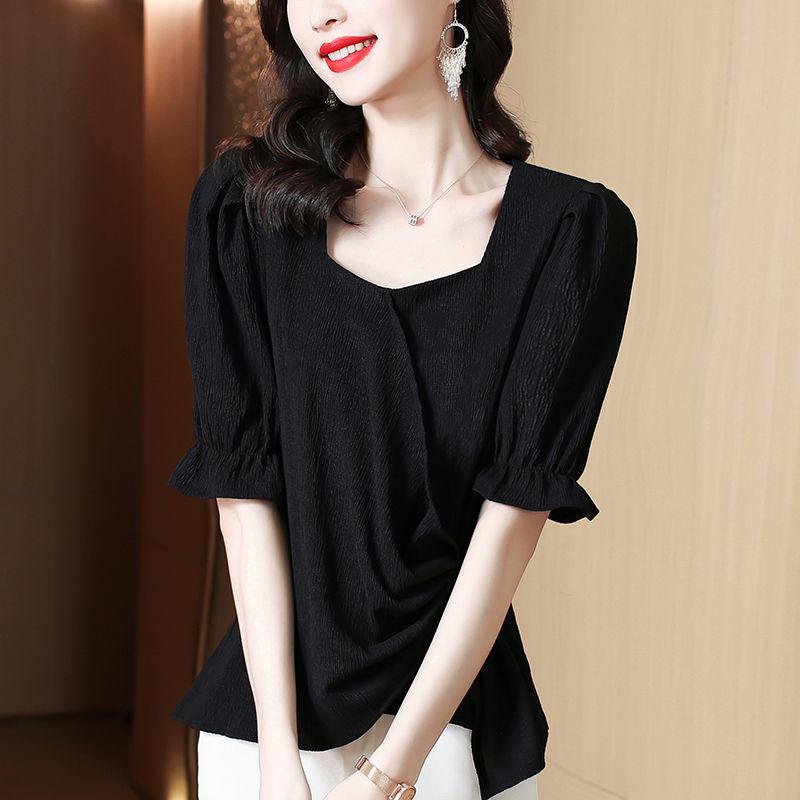 Large Size Shirt Women's Summer French Fashion Loose Square Collar All-match Short-sleeved Top
