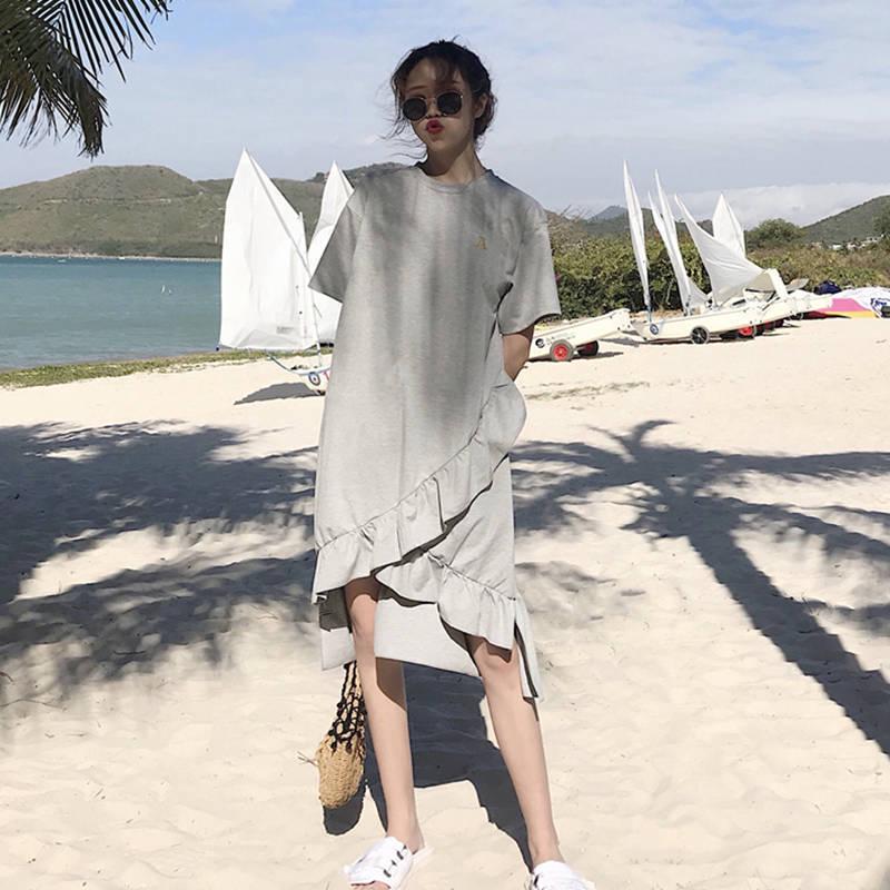 Loose Short-sleeve T-shirt Calf-length Ruffles Dress Holiday Beach Asymmetrical Dress