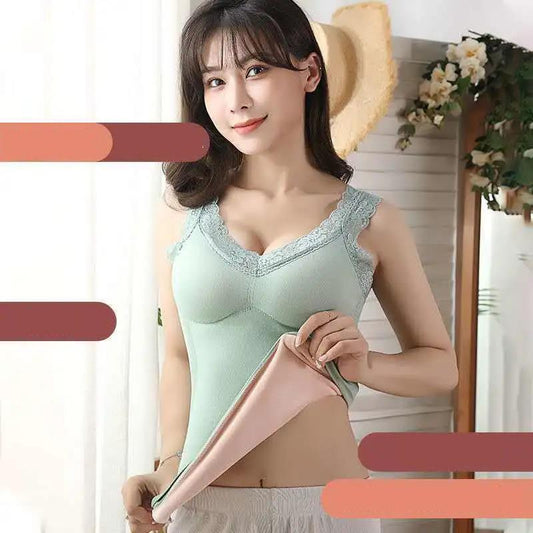 Women's Warm Vest Plus Fat Plus Sling Gather Underwear Thickening Plus Velvet Sexy Bottoming Shirt with Built-in Chest Pad