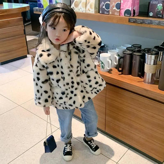 Girls Leopard Print Imitation Fur Jacket Children Korean Version Loose Western Style Lapel Autumn and Winter Plush Thick Cotton Jacket