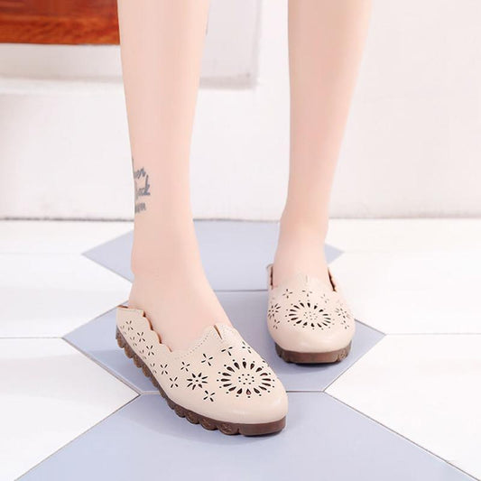 Two-wear Flat Single Shoes Women's Loafers All-match Hollow Leather Shoes Breathable Bow Peas Shoes Comfortable and Lightweight Lazy Shoes
