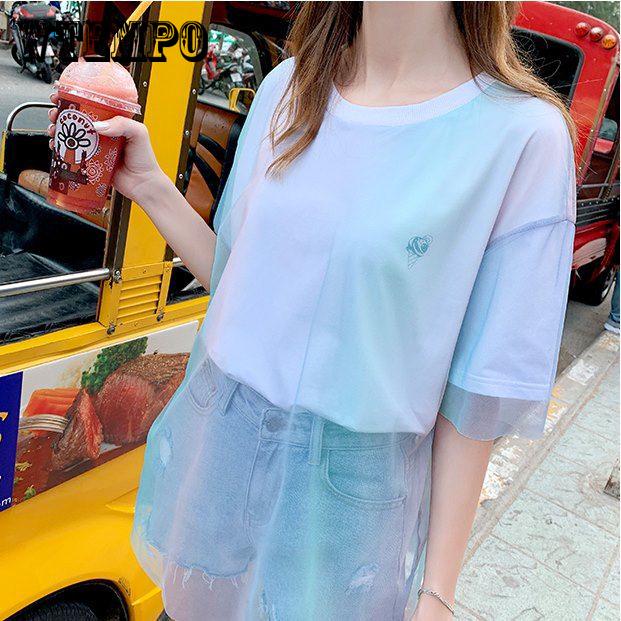 Women's Fashion Loose Bf Trend Large Mesh Stitching Fake Two Pieces T-shirt Summer