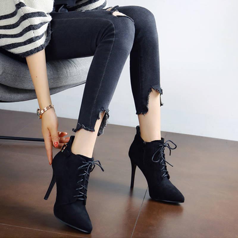 Stiletto High Heels Winter Plus Cashmere Pointed Suede Short Boots Lace Martin Boots