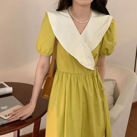 Women's Summer Long Dress Round Neck Puff Sleeves Solid Color V-Neck Dress