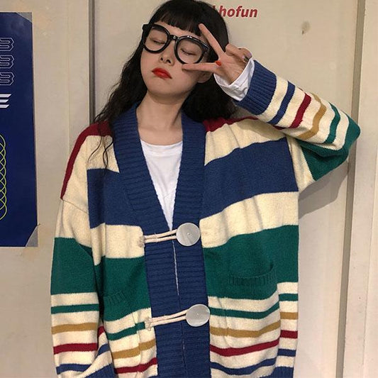 Spring and Autumn Outer Wear Knit Sweater Long-sleeved Blouse Women Wild Korean Loose Lazy Wind Coat Sweater