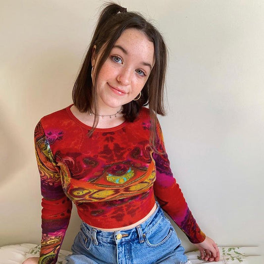 Y2K Long Sleeve T-shirt Women Vintage Knitted Crop Top Woman Tie Dye Print T Shirt Female Casual Clothes