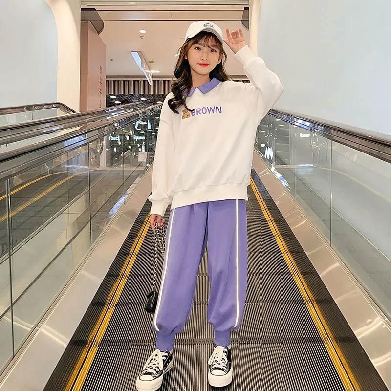 Spring and Autumn Girls Two-piece Set Comfortable Breathable Pullover Printing Fashion Lapel Sweater Casual Pants Suit