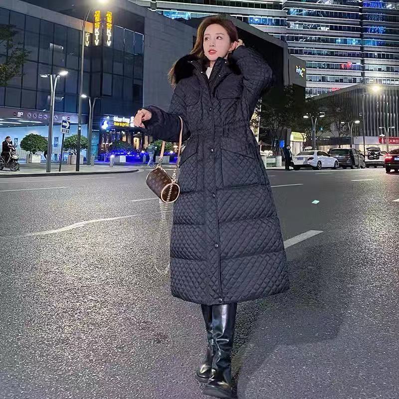 Down Jacket Women's Fluffy Big Fur Collar Hooded Loose Casual White Warm Down Jacket Winter Slim Thick Mid-length Over-the-knee Cotton Jacket