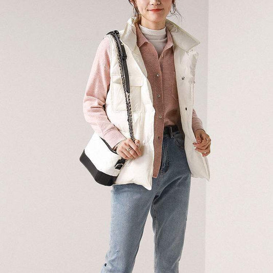 Women's Padded Down Vest Short Waist Stand-up Collar Coat White Duck Down Drawstring Pocket Waistcoat Vest Waistcoat