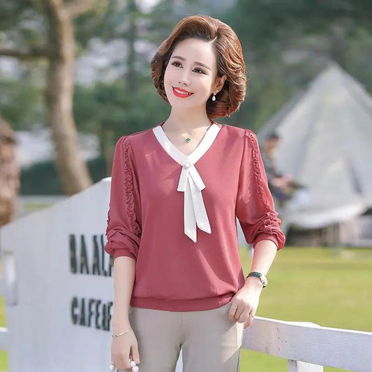 Mother's Shirts Women's Spring Large Size Long Sleeve T-Shirts Western Style Small Shirts Middle-aged Tops