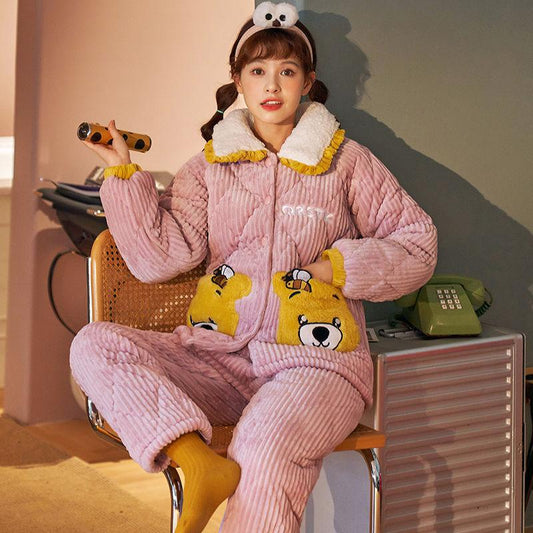 Cute Coral Velvet Soft Warm Pajamas for Women In Winter Plus Velvet Thickening Three-layer Quilted Women Can Wear Home Service Suits