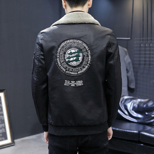 Leather Jacket Winter Plus Velvet Thickening Men's Korean Style Self-cultivation Trendy Youth Casual Fashion Tooling Jacket