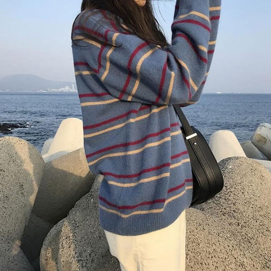 Women's Autumn Fashion Round Neck Long - Sleeved Striped Knit Sweater
