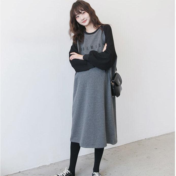 Spring and Autumn Maternity Sweatshirt Mid-length Loose Large Size Dress Long Sleeve Splicing Color Top