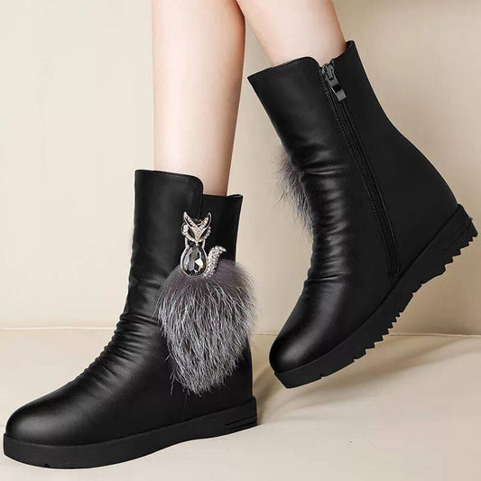 Genuine Leather Cowhide Martin Boots Women Autumn Winter Flat Ankle Boots Plus Velvet Snow Boots Mid-tube Boots