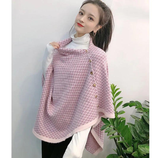 Ladies Shawl Cloak Scarf Autumn Winter Dual-use Irregular Striped Printting Scarf Shawl Korean Style All Match Buttons Keep Warm