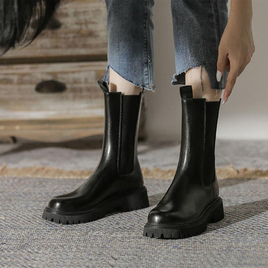 Chelsea Boots Martin Boots Woman Spring and Autumn Boots Thick Black Leather Single Boots Motorcycle Boots