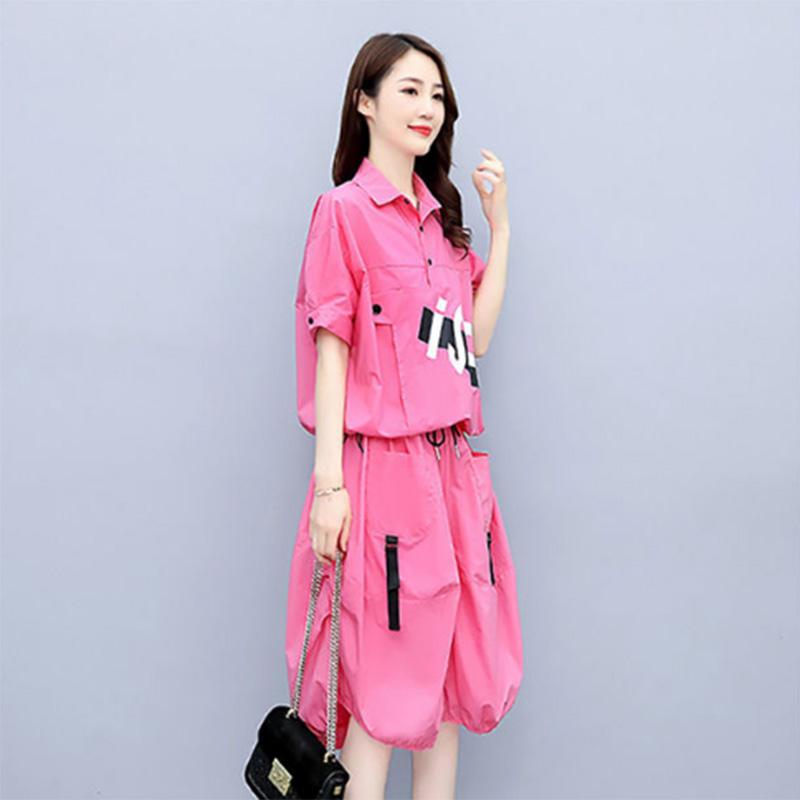 Simple Fashion Casual Button Suit Women's Summer Short-sleeved Large Size Summer Slimming Sports Two-piece Suit