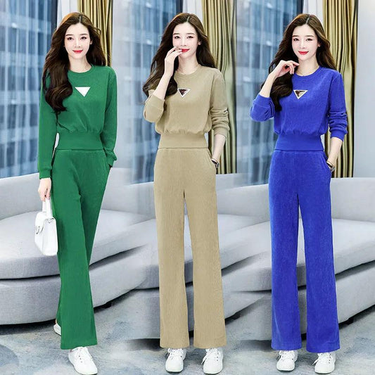 2PCS Women's Sweater Suit Spring Long Sleeve Pullover Sweater + Casual Wide Leg Pants Two Piece Set Ladies Waist Temperament Sports Suit