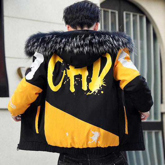 Fashion Men's Parker Jacket Winter Fashion Men's Cotton Jacket Thicken Stitching Trendy Brand Hooded Cotton Jacket Loose Men's Cotton Jacket