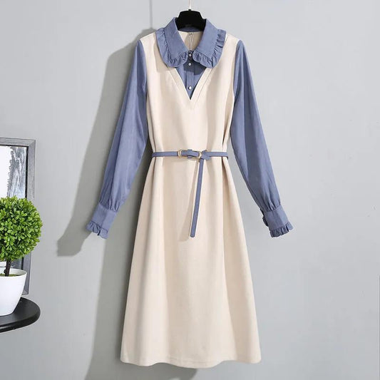 Two-piece Dress Women Early Autumn 2021 Long-sleeved Dress with Wood Ears Mid-length Waist-slimming Fake
