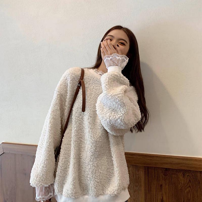 Pofulove New Student Lace Christmas Plus Velvet Thickened Lamb Sweater Sweater Women Loose Coat