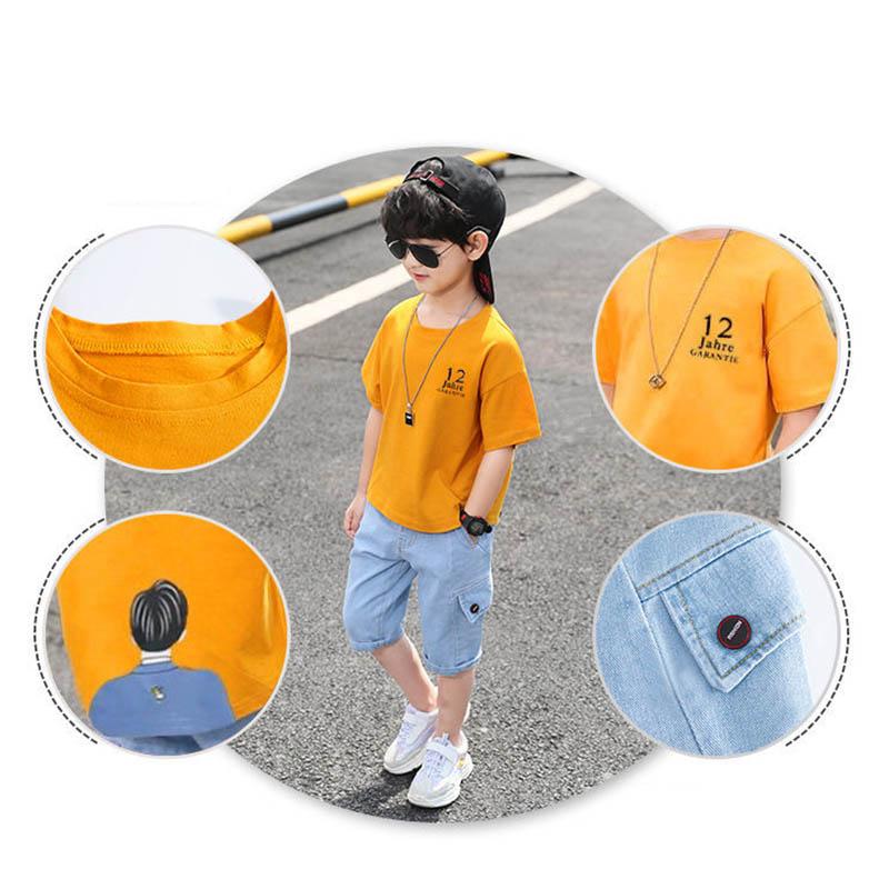 Boys' Summer Suits Solid Color Printing Loose and Breathable Casual Short-sleeved Five-point Jeans Children's Handsome Two-piece Suit