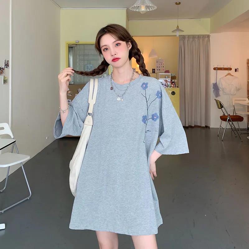 Pure Color Flower Pattern Embroidery Women Causal T Shirt Tee Lady Girl Top Hipster Cartoons Style T-Shirts