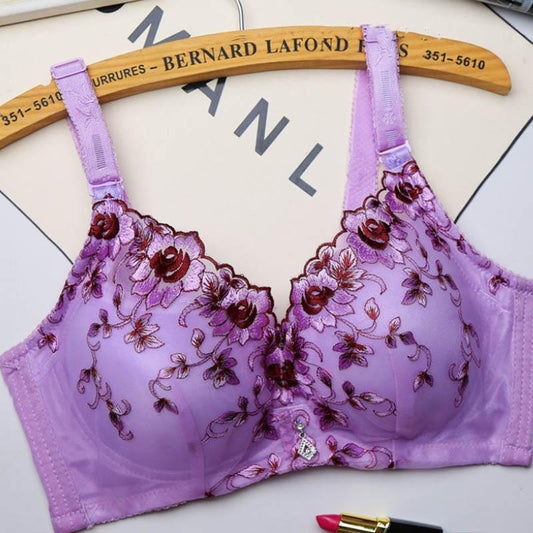 Female Plus Size Embroidered Sexy Comfortable Breathable Skin-friendly Close-up Breasts Gathered Up Support Adjustable Anti-sagging Beautiful Back Bra