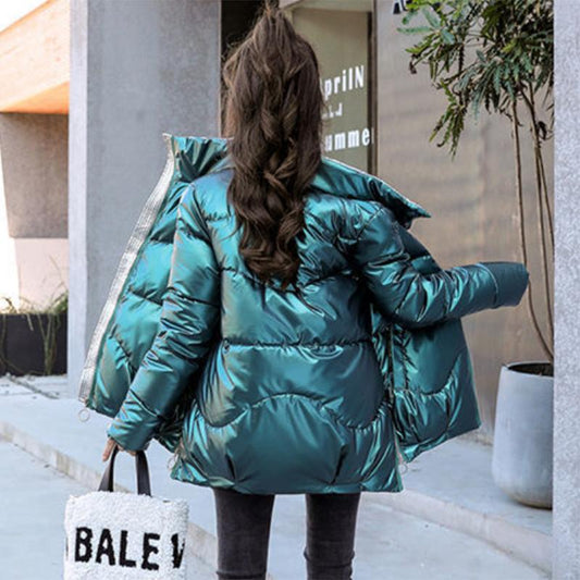 Glossy Short Women's Down Jacket Winter Korean Style Loose Cotton Clothes Casual Stand-collar Cotton Jacket