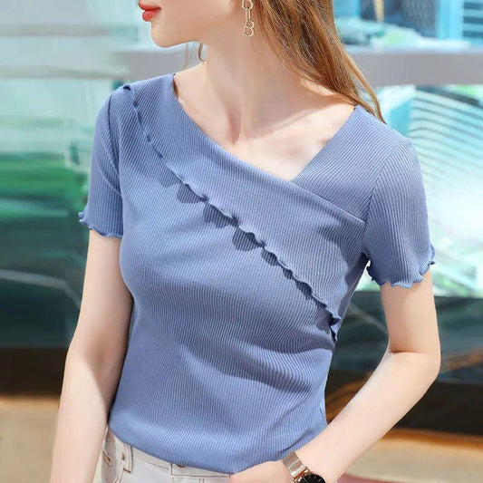 Modal T-shirt Women's Summer Short-sleeved V-neck Fungus Edge Fashion Casual Top