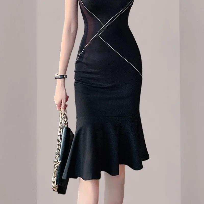 French Style Thin Elder Sister Light Cooked Style OL Temperament Fishtail Skirt Summer Female Lotus Leaf Bag Hip Dress