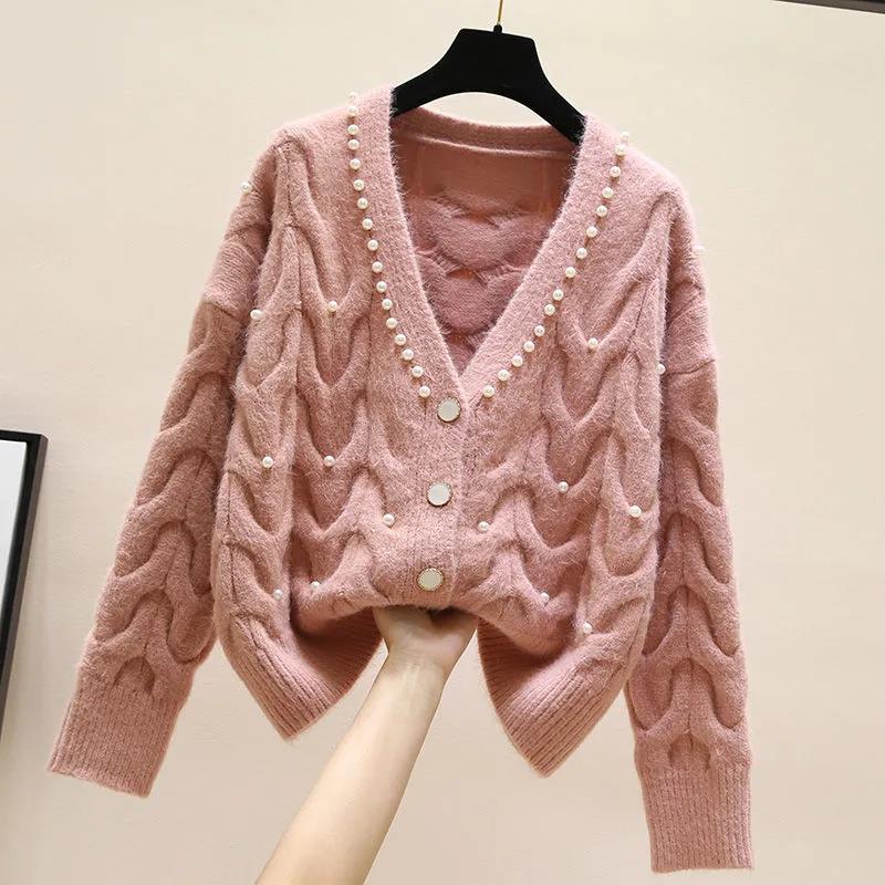 Female Sweet Pearl V-neck Knitted Cardigan Women's Autumn and Winter Versatile Short Knitted Tops