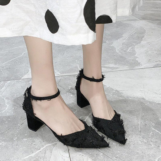 Stiletto High Heels Spring Style All-match Pointed Toe Strap French Toe Cap Spring Hollow Thick Heel Shoes