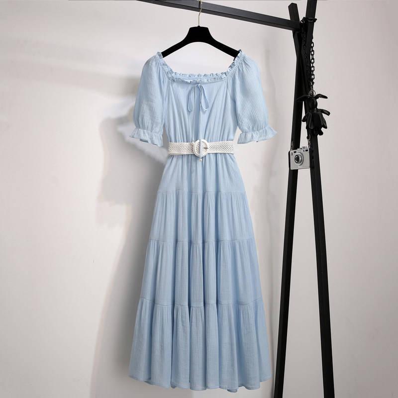 Pofulove Long dress female summer Ruffled short sleeve pleated square collar pleated dress with belt