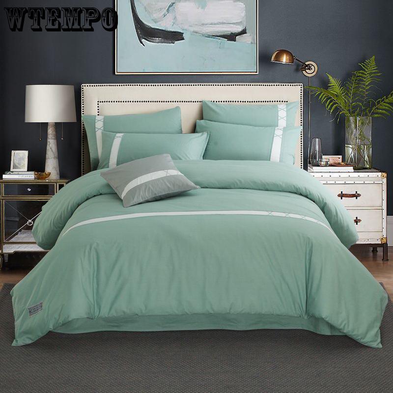 Fashion 100% Cotton Pure Color Bedding Sets Simple 4 Pcs Bedclothes Simple Quilt Cover