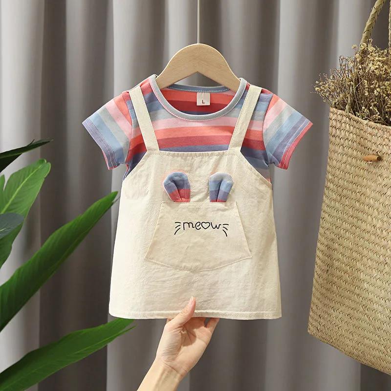 Children Dress Spring Summer O-neck Kids Clothing Baby Girls Clothing Printing Short Sleeve Fake Two Dress Girl