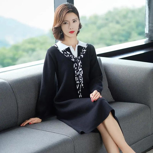 Knitted Dress Ladies Sweater Mid-length Autumn and Winter Coat Sweater DRress Over-the-knee Bottoming Shirt