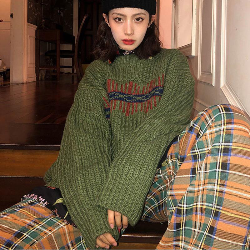 Autumn Winter Women Fashion Sweater Casual Knitting Sweater Color Matching Round Neck Pullovers Loose Casual Long Sleeve Sweater