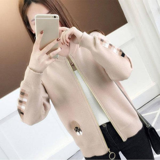 Round Neck Knitted Cartoon Baseball Uniform Jacquard Embroidery Cardigan Short Zipper Sweater