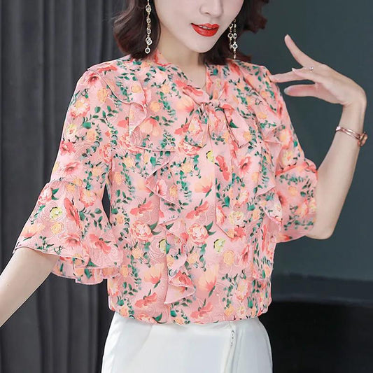 Women's Summer Chiffon Ruffled Mid-sleeve Top V-neck Large Size Floral Loose T-shirt