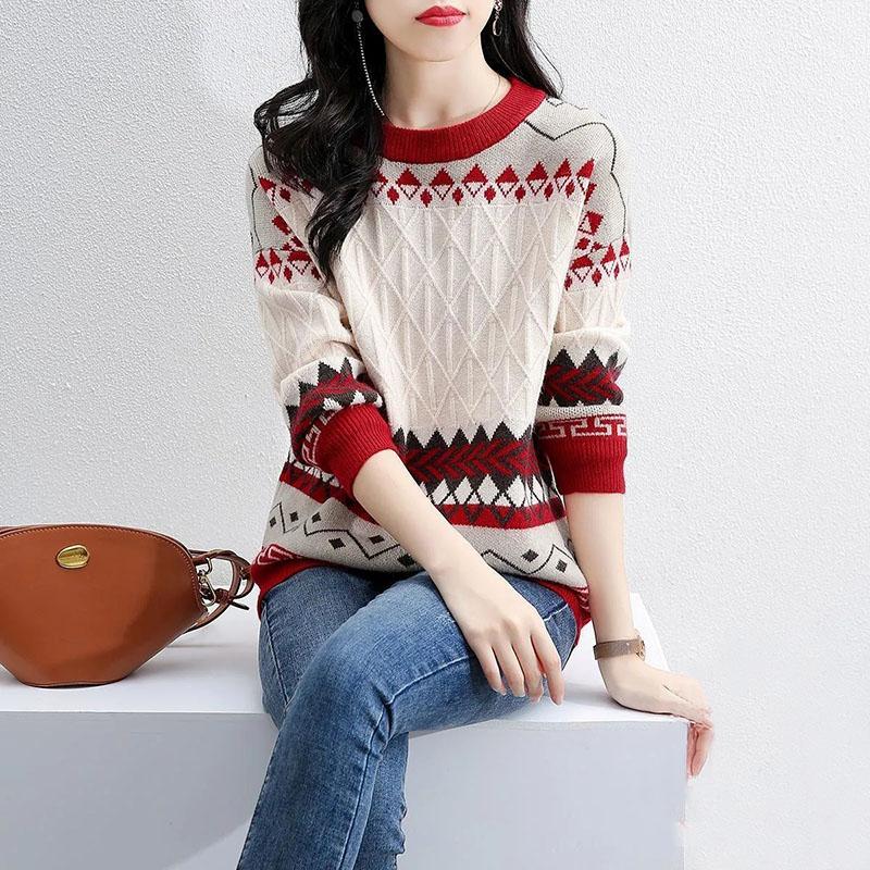 Sweater Women's Pullover Knitwear Korean Loose Plus Velvet Round Neck Tops Trending Lattice Sweater Autumn and Winter Tops