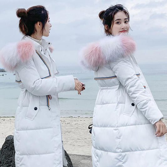 Ladies winter padded coat long over the knee fur collar hooded down padded jacket Slim thick warmth Parka Coat