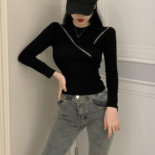 Scheming Zipper Stretch Fashion Top All-match Slim Solid Color Jacket Long-sleeved Knitted Sweater Design
