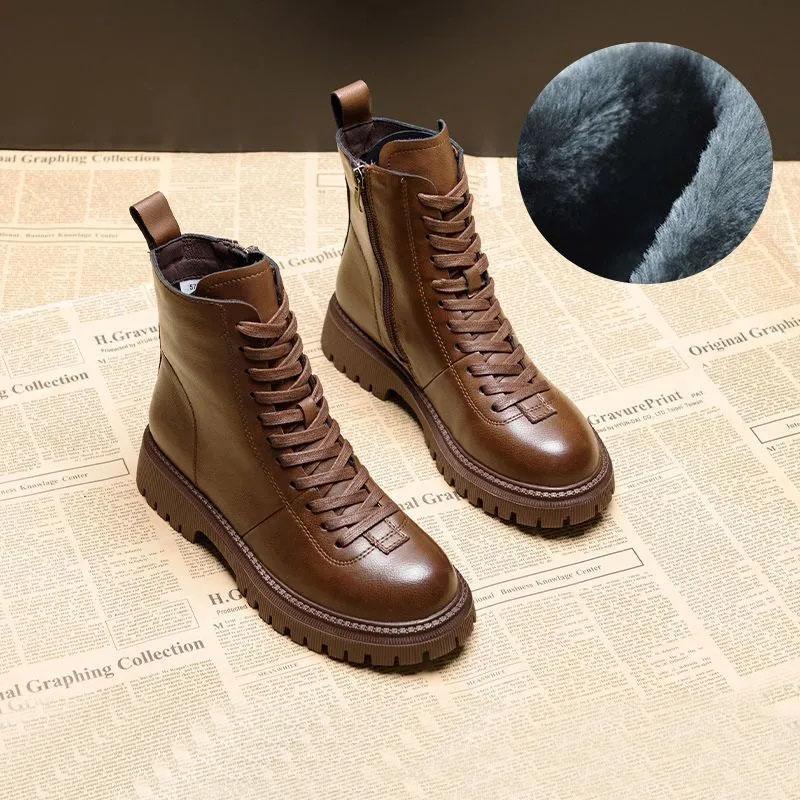 Retro Brown Martin Boots Women Autumn and Winter British Style Leather All-match Thick-soled Short Boots Women Plus Velvet Waterproof Boots