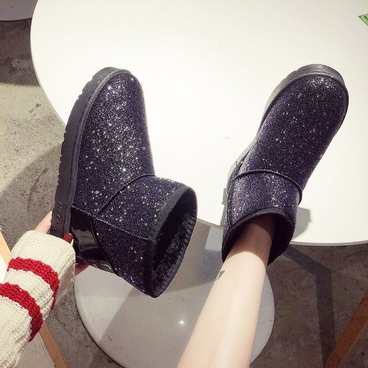 Winter Sequined Short Boots Flat Snow Boots Thickened Short Tube Cotton Shoes Plus Velvet Waterproof Non-slip Bread Women's Shoes