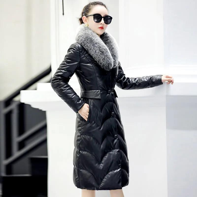 Winter PU Leather Down Jacket Fashion Faux Fox Fur Collar Leather Jacket Thicken Warm Mid-length Cotton Jacket