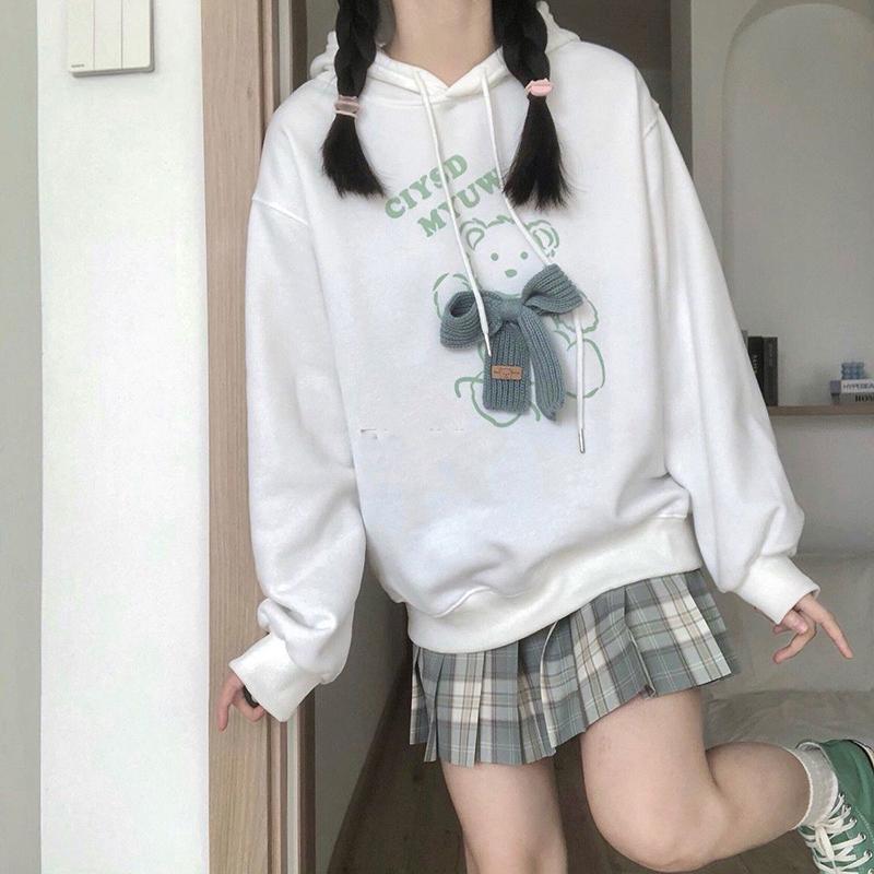 Winter Hoodies Women Hooded Tops Thick Fleece Pullovers White Fashion Bear Printed Fall Women Oversized Loose Knitted Bow Harajuku Sweatshirts