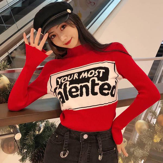 Funky Letter Knitwear Turtleneck Slim Fit Bottoming Shirt Solid Color Pullover Sweater Top