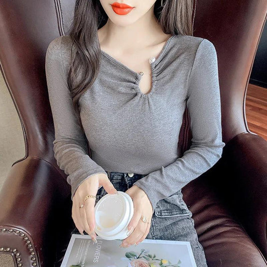 Women's Spring and Autumn Long Sleeve Top Solid Color Slim Fit All-match Bottoming Shirt